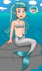 Size: 986x1643 | Tagged: safe, artist:ocean lover, derpibooru import, sandbar, swift foot, human, mermaid, belly button, bra, clothes, cloud, fish tail, green hair, heart eyes, human coloration, humanized, image, in love, lidded eyes, lipstick, mermaid tail, mermaidized, mermay, midriff, ocean, open mouth, outdoors, png, pose, purple eyes, rock, seashell bra, sexy, shiny skin, sky, species swap, tail, underwear, water, wingding eyes