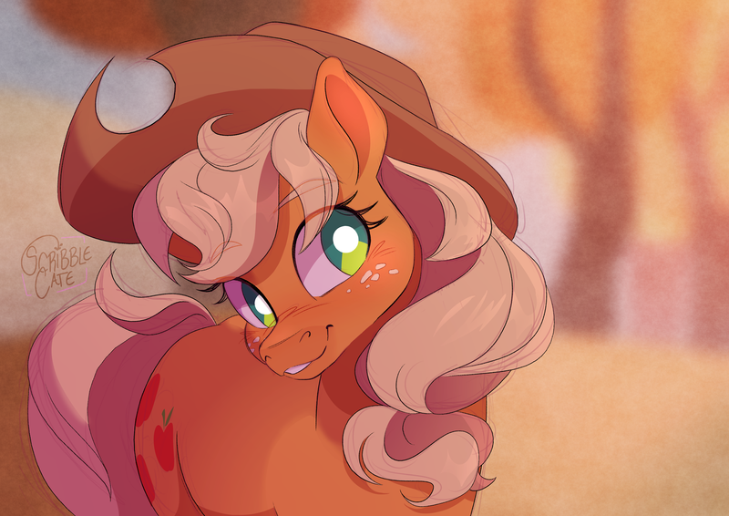 Size: 6921x4893 | Tagged: safe, artist:scribblecate, derpibooru import, applejack, earth pony, pony, absurd resolution, blurry background, cute, female, image, jackabetes, mare, png, smiling, solo