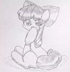 Size: 616x640 | Tagged: safe, artist:up_p_ab, derpibooru import, apple bloom, earth pony, pony, female, filly, foal, hoof on chin, image, jpeg, sitting, sketch, solo, traditional art