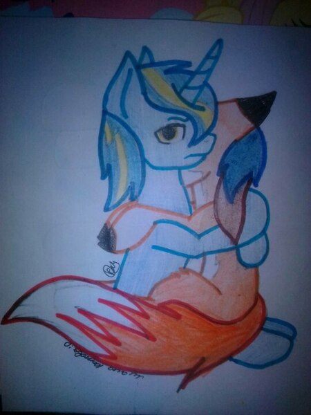 Size: 540x720 | Tagged: safe, artist:teafox, derpibooru import, oc, oc:vajr, unofficial characters only, earth pony, pony, unicorn, duo, fox tail, image, jpeg, oc x oc, shipping, tail, traditional art