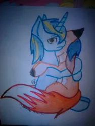 Size: 540x720 | Tagged: safe, artist:teafox, derpibooru import, oc, oc:vajr, unofficial characters only, earth pony, pony, unicorn, duo, fox tail, image, jpeg, oc x oc, shipping, tail, traditional art