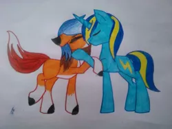 Size: 720x540 | Tagged: source needed, safe, artist:teafox, derpibooru import, oc, oc:vajr, unofficial characters only, earth pony, pony, unicorn, duo, fox tail, image, jpeg, oc x oc, shipping, tail, traditional art