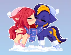 Size: 3343x2576 | Tagged: source needed, safe, artist:xsatanielx, derpibooru import, oc, oc:airi, oc:vajr, unofficial characters only, bat pony, pony, unicorn, commission, duo, eyes closed, hat, image, kissing, oc x oc, png, shipping, simple background, snow, ych result