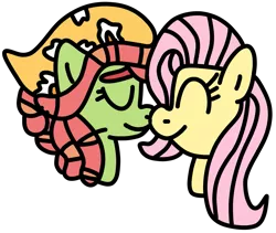 Size: 969x819 | Tagged: safe, artist:jadeharmony, derpibooru import, fluttershy, tree hugger, earth pony, pegasus, pony, bandana, boop, bust, duo, eyes closed, female, flutterhugger, image, lesbian, mare, noseboop, png, shipping, simple background, transparent background