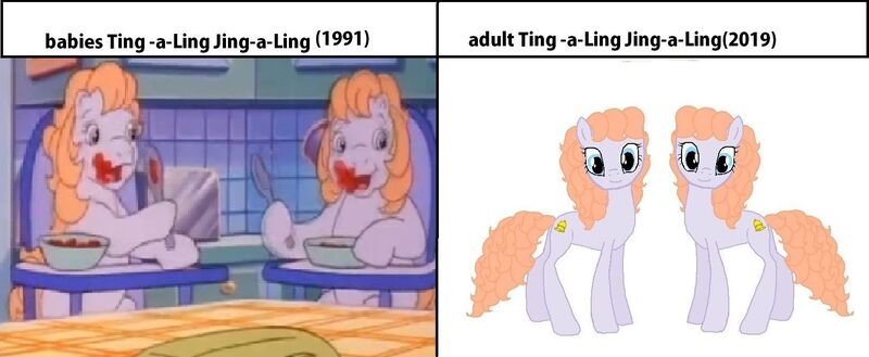 Size: 1642x676 | Tagged: safe, derpibooru import, edit, edited screencap, screencap, jing-a-ling, ting-a-ling, earth pony, pony, my little pony tales, age progression, baby, baby pony, battle of the bands (episode), bell, bowl, female, g1, image, jello, jpeg, kitchen, mare, older, spoon