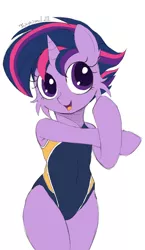 Size: 800x1380 | Tagged: safe, artist:fajnyziomal, derpibooru import, twilight sparkle, semi-anthro, unicorn, alternate hairstyle, clothes, commission, image, jpeg, open mouth, punklight sparkle, smiling, solo, swimsuit, your character here