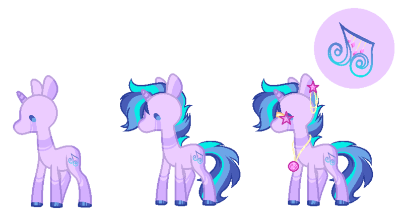 Size: 900x474 | Tagged: safe, artist:lilywolfpie-yt, derpibooru import, rarity, vinyl scratch, oc, pony, unicorn, blue hair, body markings, chibi, colored hooves, ear piercing, earring, fusion, glasses, image, jewelry, necklace, piercing, png, purple coat, solo, stars