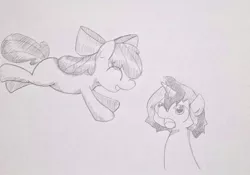 Size: 640x449 | Tagged: safe, artist:up_p_ab, derpibooru import, apple bloom, oc, oc:eel, earth pony, pony, unicorn, female, filly, foal, image, jpeg, jumping, male, sketch, stallion