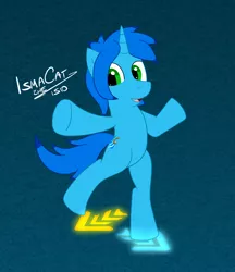 Size: 1364x1580 | Tagged: safe, artist:ismazhecat, derpibooru import, oc, unofficial characters only, unicorn, arrow, bipedal, blue, image, looking at you, png, pointing at you, raised hoof, simple background, smiling