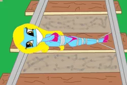 Size: 1024x690 | Tagged: safe, artist:walnutwilly, derpibooru import, oc, oc:shine, equestria girls, bikini, bondage, bound and gagged, cloth gag, clothes, damsel in distress, gag, help, help me, image, jpeg, looking back, peril, rope, swimsuit, tied to tracks, tied up, train tracks