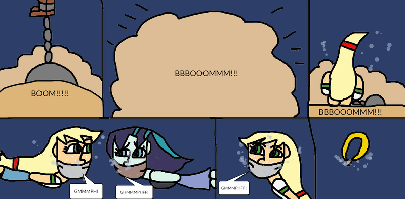 Size: 2019x994 | Tagged: safe, artist:mattjohn1992, derpibooru import, applejack, coloratura, equestria girls, ball and chain, cliff, cloth gag, cute, gag, image, jackabetes, looking at each other, looking at someone, muffled words, png, rara, rarabetes, tied up