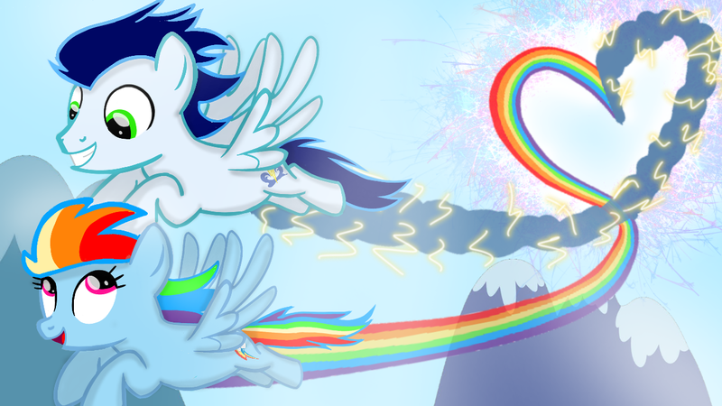 Size: 1280x720 | Tagged: safe, artist:mlplary6, derpibooru import, rainbow dash, soarin', pegasus, pony, female, flying, heart, image, looking at each other, looking at someone, male, mare, png, shipping, smiling, smiling at each other, soarindash, stallion, straight