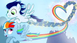 Size: 1280x720 | Tagged: safe, artist:mlplary6, derpibooru import, rainbow dash, soarin', pegasus, pony, female, flying, heart, image, looking at each other, looking at someone, male, mare, png, shipping, smiling, smiling at each other, soarindash, stallion, straight