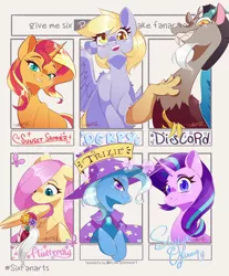 Size: 1976x2384 | Tagged: safe, artist:mindlessnik, derpibooru import, derpy hooves, discord, fluttershy, starlight glimmer, sunset shimmer, trixie, draconequus, pegasus, pony, unicorn, six fanarts, blushing, cape, clothes, cute, female, flower, grin, hat, image, jpeg, male, mare, smiling, trixie's cape, trixie's hat
