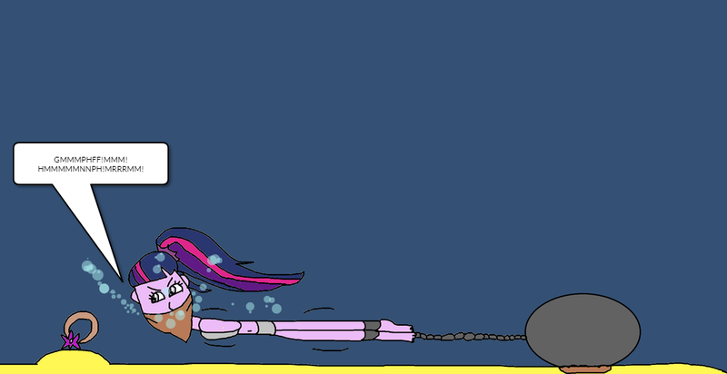 Size: 1024x527 | Tagged: safe, artist:mattjohn1992, derpibooru import, twilight sparkle, equestria girls, angry, asphyxiation, ball and chain, cloth gag, drowning, gag, image, key, peril, png, sinking, struggling, tied up, underwater