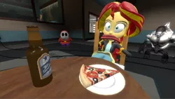 Size: 967x546 | Tagged: safe, artist:ds59, derpibooru import, sunset shimmer, robot, shy guy, equestria girls, 3d, alcohol, beer, bondage, bound and gagged, cloth gag, food, gag, image, meat, pepperoni, pepperoni pizza, pizza, png, shocked, shocked expression, super mario bros., tea, tied to chair, tied up, wat, wtf, wtf face