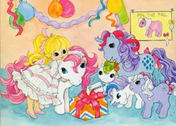 Size: 3400x2430 | Tagged: safe, artist:cathy beylon, derpibooru import, baby blossom, baby glory, baby surprise, megan williams, sparkler (g1), sundance, earth pony, human, pegasus, pony, unicorn, g1, balloon, book:baby firefly's adventure and other my little pony stories, bow, female, filly, foal, group, image, mare, pin the tail on the pony, png, present, scan, streamers, tail, tail bow, white dress