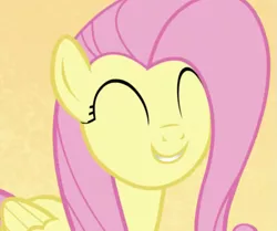 Size: 617x517 | Tagged: safe, derpibooru import, screencap, fluttershy, pegasus, pony, all bottled up, season 7, best friends until the end of time, cropped, cute, eyes closed, female, image, mare, png, shyabetes, simple background, smiling, solo, yellow background