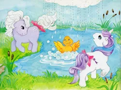 Size: 3400x2526 | Tagged: safe, artist:cathy beylon, derpibooru import, baby blossom, baby glory, duck soup, bird, duck, earth pony, pony, unicorn, book:baby firefly's adventure and other my little pony stories, bow, bubble, cattails, female, filly, foal, g1, image, outdoors, png, pond, rain, reeds, scan, tail, tail bow, water