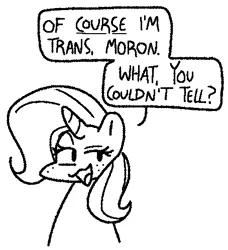 Size: 454x498 | Tagged: safe, artist:qoolguy, derpibooru import, trixie, pony, unicorn, black and white, dialogue, doodle, freckles, grayscale, image, lidded eyes, monochrome, open mouth, open smile, png, raised eyebrow, simple background, smiling, solo, trans trixie, transgender, white background