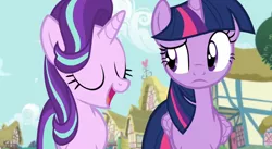 Size: 1080x593 | Tagged: safe, derpibooru import, screencap, starlight glimmer, twilight sparkle, twilight sparkle (alicorn), alicorn, unicorn, fame and misfortune, image, png, ponies standing next to each other, ponyville