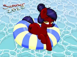 Size: 3200x2380 | Tagged: safe, artist:horsesrnaked, derpibooru import, oc, oc:fluffycuffs, earth pony, pony, alternate hairstyle, cute, cutie mark, eyebrows, eyelashes, floatie, hair bun, image, inner tube, png, smiling, solo, stripes, summer, summer2022, swimming, text, water