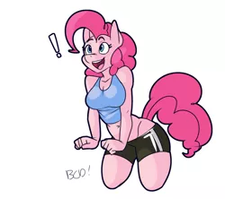 Size: 1280x1136 | Tagged: suggestive, artist:bluecoffeedog, derpibooru import, pinkie pie, anthro, adonis belt, belly button, birthday gift, breasts, busty pinkie pie, clothes, exclamation point, female, image, jpeg, kneeling, looking up, pose, shorts, simple background, smiling, solo, solo female, tanktop, white background