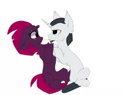 Size: 1704x1288 | Tagged: safe, artist:decokelow, artist:little-sketches, derpibooru import, chancellor neighsay, fizzlepop berrytwist, tempest shadow, pony, unicorn, chest fluff, chin fluff, ear fluff, female, holding hooves, hoof fluff, image, just kiss already, male, mare, missing accessory, neck fluff, nibbling, png, shipping, simple background, snack, sneaky, stallion, straight, tempest neighsay, white background