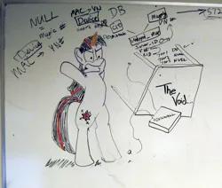 Size: 2602x2202 | Tagged: safe, artist:sketchinetch, derpibooru import, edit, twilight sparkle, pony, unicorn, female, image, jpeg, photo, rage quit, router, solo, table flip, unicorn twilight, whiteboard