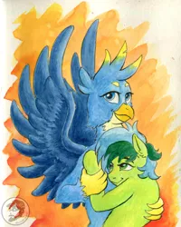 Size: 4271x5352 | Tagged: safe, artist:invalid-david, derpibooru import, gallus, sandbar, earth pony, gryphon, pony, abstract background, duo, duo male, gallbar, gay, image, jpeg, male, shipping, traditional art, watercolor painting