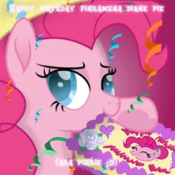 Size: 5120x5120 | Tagged: safe, artist:lincolnbrewsterfan, derpibooru import, pinkie pie, earth pony, pony, my little pony: the movie, party of one, .svg available, animated, bedroom eyes, birthday cake, cake, chewing, chewing ponies, cute, derpibooru exclusive, diapinkes, eating, female, food, gradient background, happy birthday, hapvw mnulh milnum nim, heart, heart hoof, hoof hold, image, lidded eyes, looking at you, mouth hold, movie accurate, pink fluffy unicorns dancing on rainbows, pinkie pie's birthday, png, simple background, smiling, smiling at you, solo, vector, written equestrian