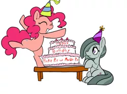 Size: 1280x950 | Tagged: safe, artist:a.s.e, derpibooru import, marble pie, pinkie pie, birthday, birthday cake, cake, female, food, happy, hat, image, jpeg, party hat, simple background, white background