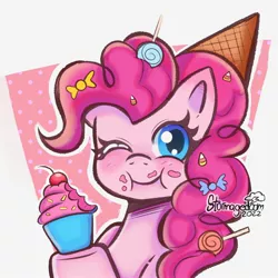 Size: 2000x2000 | Tagged: safe, artist:stormagedoom, derpibooru import, pinkie pie, earth pony, pony, candy, cupcake, cute, diapinkes, eating, female, food, high res, image, jpeg, lollipop, mare, one eye closed, sweets