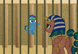 Size: 3000x2105 | Tagged: safe, artist:aleximusprime, derpibooru import, somnambula, oc, oc:storm streak, pegasus, pony, flurry heart's story, butt, cage, colt, duo, egyptian headdress, egyptian pony, female, flying, foal, image, imprisoned, jpeg, let my ponies go, looking at each other, male, mare, offspring, parent:oc:thunderhead, parent:rainbow dash, parents:canon x oc, parents:rainbowhead, plot, ruins, smiling, smiling at each other