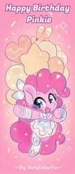 Size: 1200x2766 | Tagged: safe, artist:colorfulcolor233, derpibooru import, pinkie pie, earth pony, pony, balloon, bow, clothes, cute, diapinkes, dress, ear fluff, female, happy birthday, image, jpeg, mare, open mouth, pinkie pie's birthday, solo