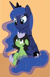 Size: 2713x4167 | Tagged: safe, anonymous artist, derpibooru import, princess luna, oc, oc:anonfilly, alicorn, earth pony, pony, female, filly, foal, image, looking at each other, looking at someone, png, simple background, smiling