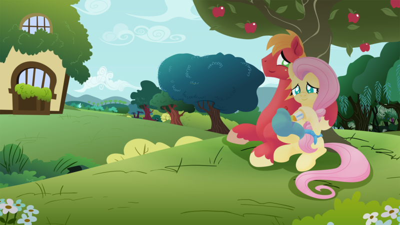 Size: 1920x1080 | Tagged: safe, anonymous artist, derpibooru import, big macintosh, fluttershy, oc, oc:late riser, earth pony, pegasus, pony, series:fm holidays, alternate hairstyle, apple, apple tree, arbor day, baby bottle, colt, family, female, fluttermac, fluttershy's cottage, foal, food, holding a pony, hoof hold, hoof on shoulder, image, lineless, male, mare, no pupils, offspring, outdoors, parent:big macintosh, parent:fluttershy, parents:fluttermac, png, shipping, smiling, stallion, straight, swaddling, tree