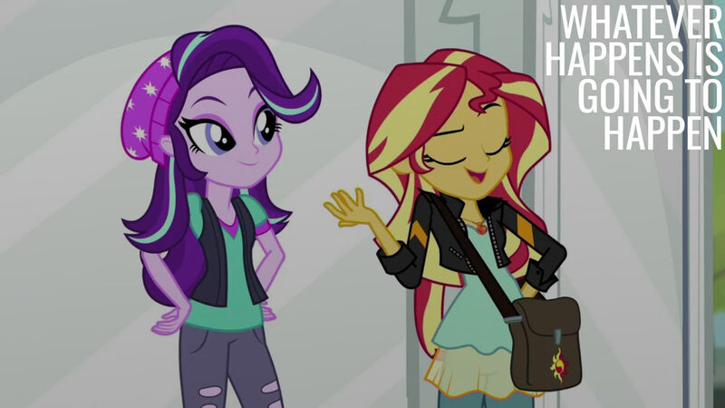 Size: 1280x720 | Tagged: safe, derpibooru import, edit, edited screencap, editor:quoterific, screencap, starlight glimmer, sunset shimmer, equestria girls, mirror magic, spoiler:eqg specials, clothes, duo, duo female, eyes closed, female, geode of empathy, image, jacket, jewelry, jpeg, leather, leather jacket, magical geodes, necklace, open mouth, open smile, smiling, statue, text