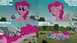 Size: 1280x720 | Tagged: safe, derpibooru import, edit, edited screencap, editor:quoterific, screencap, limestone pie, marble pie, pinkie pie, earth pony, pony, season 8, the maud couple, spoiler:s08, eyes closed, female, floppy ears, grin, image, mare, one eye closed, pie sisters, png, shrunken pupils, siblings, sisters, smiling, text, trio, wide eyes