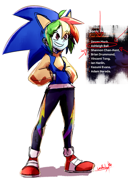 Size: 2316x3300 | Tagged: safe, artist:manic-the-lad, derpibooru import, rainbow dash, equestria girls, a dash of everything, ashleigh ball, clothes, cosplay, costume, hoodie, image, png, sonic the hedgehog, sonic the hedgehog (series), voice actor joke