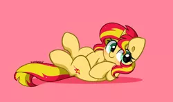 Size: 6680x3944 | Tagged: safe, artist:kittyrosie, derpibooru import, sunset shimmer, pony, unicorn, equestria girls, blushing, cute, image, lying down, on back, png, shimmerbetes