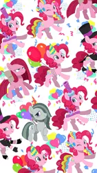Size: 749x1331 | Tagged: safe, artist:efuji_d, derpibooru import, madame le flour, marble pie, pinkie pie, earth pony, pony, balloon, bowtie, clothes, confetti, female, frown, hat, image, jpeg, mare, multeity, party hat, pinkamena diane pie, rainbow power, smiling, spats, too much pink energy is dangerous, top hat, tuxedo