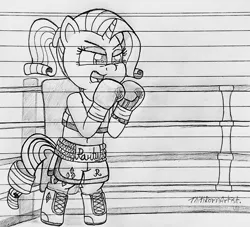 Size: 1280x1160 | Tagged: safe, artist:ct1443ae, derpibooru import, rarity, semi-anthro, unicorn, boxers, boxing, boxing gloves, boxing ring, boxing shorts, clothes, image, jpeg, lined paper, mouth guard, open mouth, pencil drawing, shoes, shorts, sports, traditional art, underwear