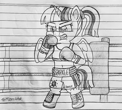Size: 1280x1164 | Tagged: safe, artist:ct1443ae, derpibooru import, twilight sparkle, twilight sparkle (alicorn), alicorn, boxers, boxing, boxing gloves, boxing ring, boxing shorts, clothes, image, jpeg, lined paper, pencil drawing, shoes, shorts, solo, sports, traditional art, underwear