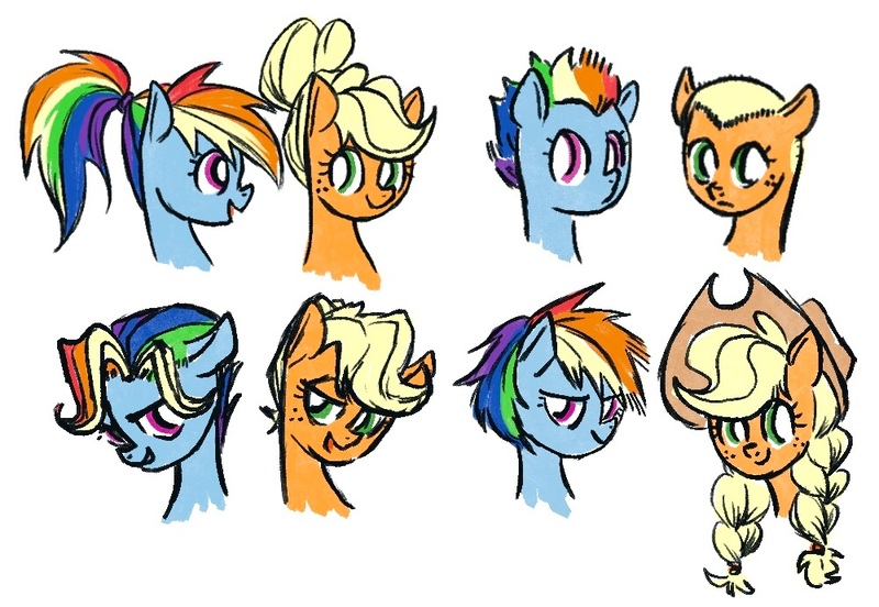 Size: 1000x690 | Tagged: safe, artist:laya-21, derpibooru import, applejack, rainbow dash, earth pony, pegasus, pony, alternate hairstyle, appledash, bust, buzz cut, female, image, jpeg, lesbian, mare, ponytail, shipping, short mane, simple background, twin braids, updo, white background