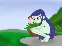 Size: 2732x2048 | Tagged: suggestive, artist:justsomepainter11, derpibooru import, blueberry cake, normal norman, equestria girls, barefoot, duo, feet, female, image, jpeg, jungle, male, male nipples, nipples, nudity, smiling