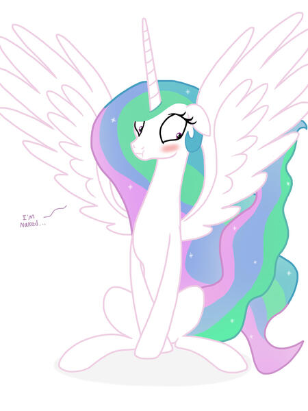 Size: 2048x2732 | Tagged: safe, artist:justsomepainter11, derpibooru import, princess celestia, alicorn, pony, :i, blushing, cute, cutelestia, female, floppy ears, image, jpeg, mare, simple background, solo, spread wings, we don't normally wear clothes, white background, wings