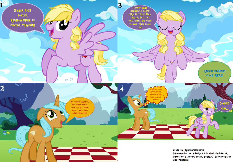 Size: 2804x1956 | Tagged: safe, artist:rainbowshine295, derpibooru import, oc, oc:creamy pants, oc:rainbowshine, pegasus, pony, unicorn, comic:i'll shine, base used, flying, image, png, speech bubble