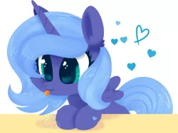 Size: 1282x958 | Tagged: safe, artist:computershits, derpibooru import, princess luna, alicorn, pony, :p, big eyes, ear fluff, female, filly, foal, heart, hoof heart, hooves on the table, image, png, simple background, solo, spread wings, table, tongue out, white background, wings, woona, young luna, younger