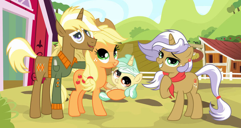 Size: 1024x545 | Tagged: safe, artist:velveagicsentryyt, derpibooru import, applejack, trenderhoof, oc, oc:apple brandy, oc:fuji jackie, pony, unicorn, baby, baby pony, female, image, jpeg, male, mare, offspring, parent:applejack, parent:trenderhoof, parents:trenderjack, shipping, straight, trenderjack